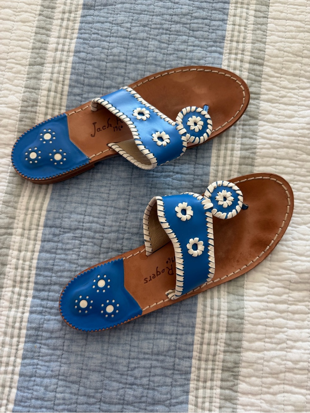 Jack Rogers Blue Leather Slide Sandals with White Floral Accents